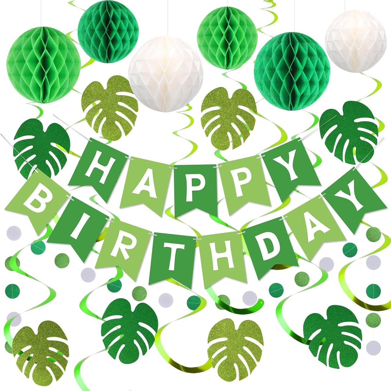 Green Birthday Party Decorations - Happy Banner with Honeycomb Balls